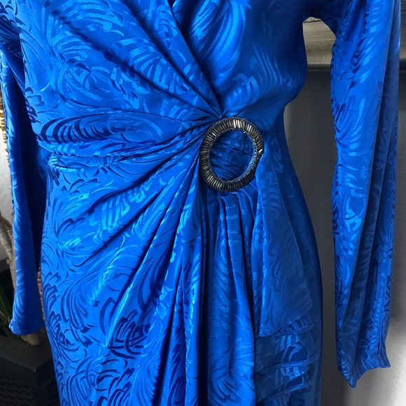 VTG 80s Lauren Alexandra Blue Silk Faux Wrap Dress - Picture 4 of 11